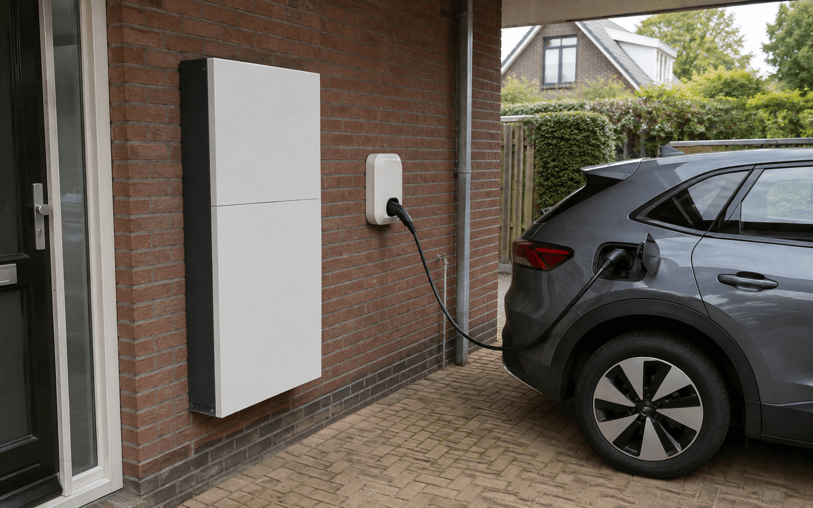 Thuisbatterij aan de gevel naast een laadpaal met een opladende elektrische auto