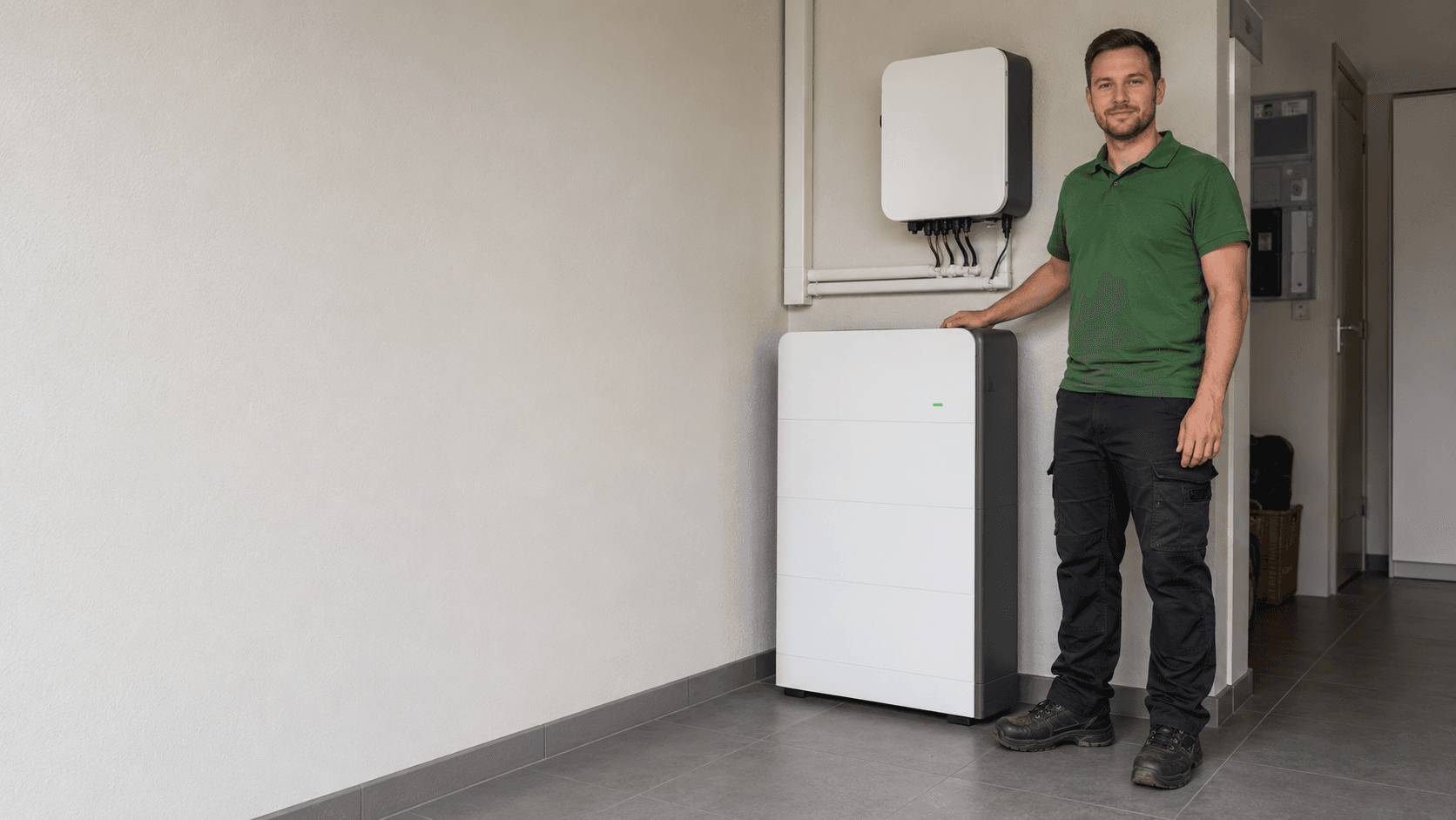 Monteur van Thuisbatterij Stunter sluit een thuisbatterij aan