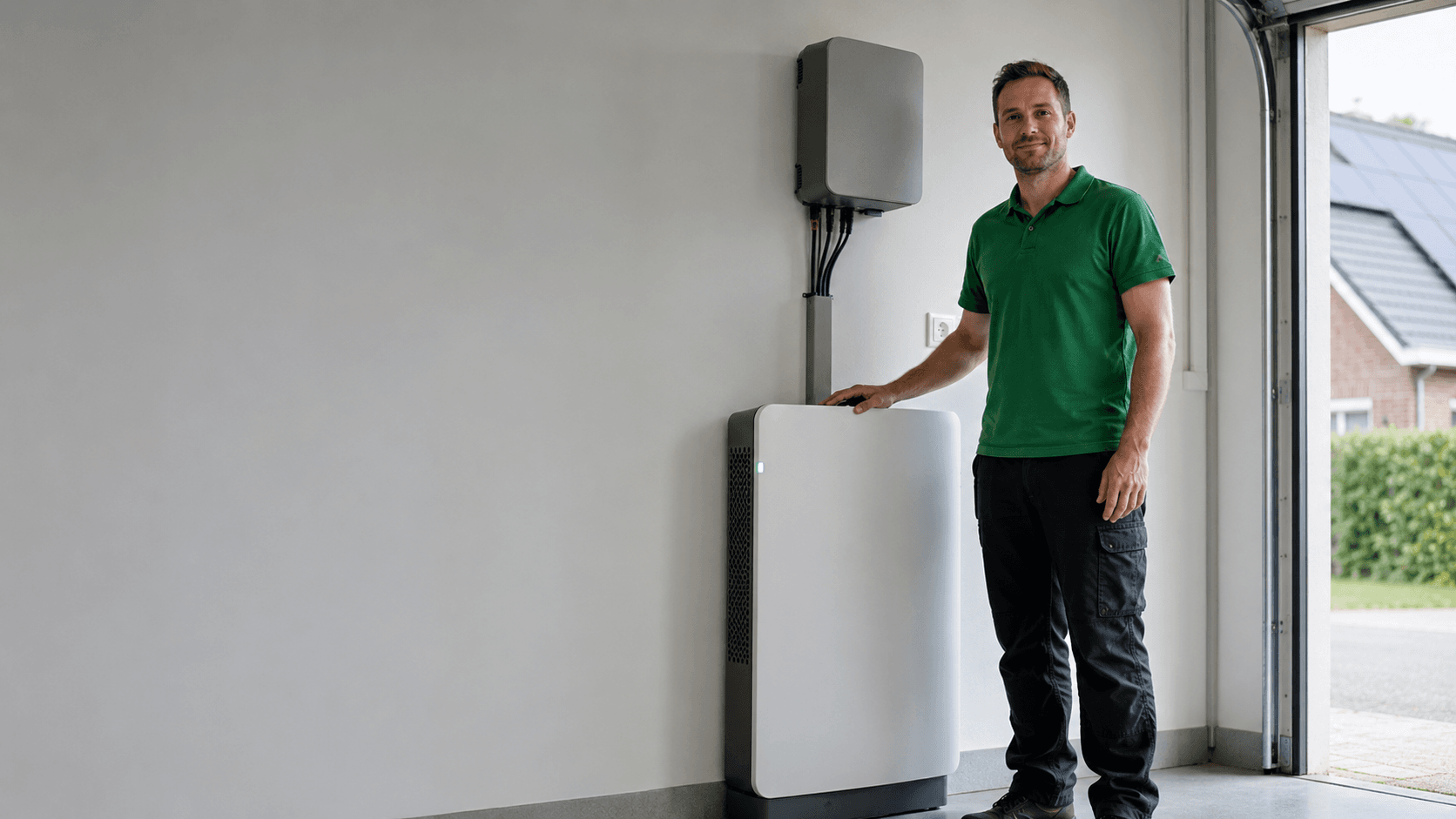 Adviseur van Thuisbatterij Stunter naast een geplaatste thuisbatterij met omvormer